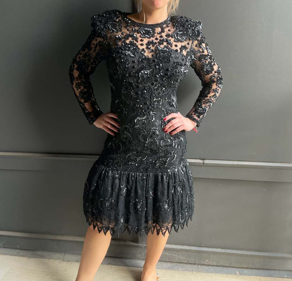 VTG 80s Judith Ann Creations Bead & Sequin Black Drop Waist Cocktail Dress Sz Sm